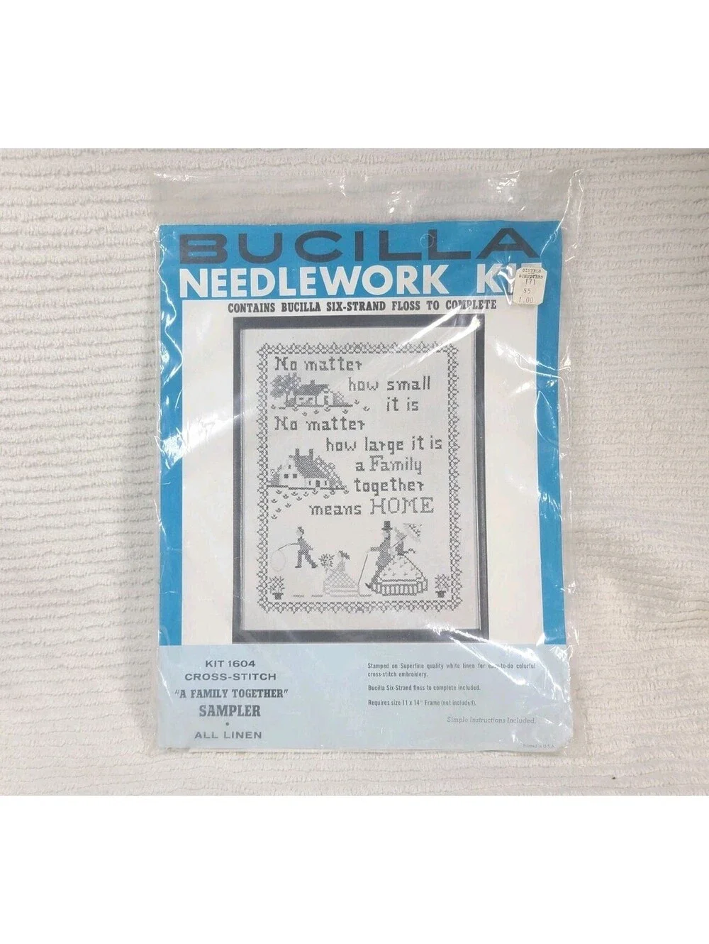 Vintage 70s Embroidery Kit Bucilla Antique Sampler Cross Stitch Linen Craft Rare